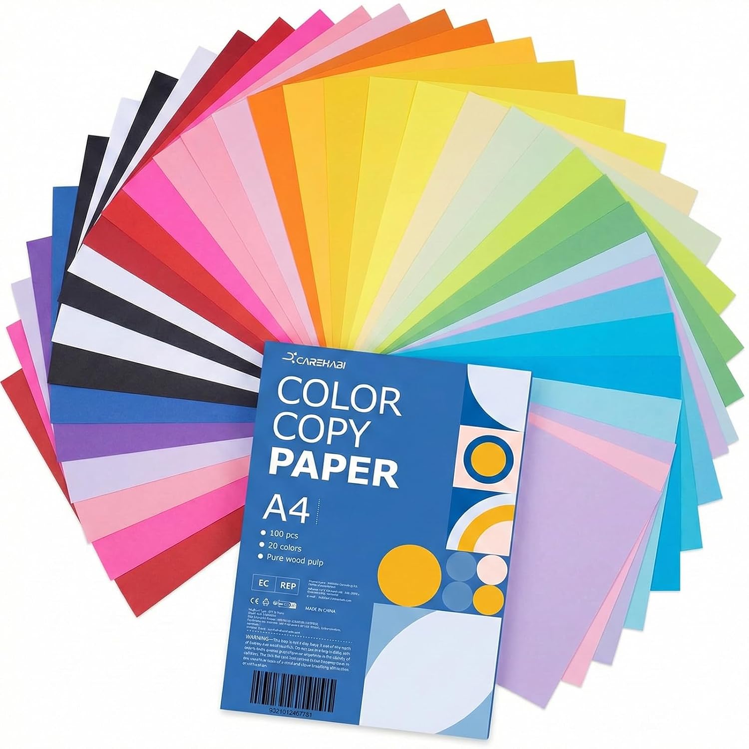 Carehabi - A4 80 g/m², 20 kleuren, 100 vellen gekleurd papier voor kopieerapparaat, kleurpapier voor knutselen, knutselen, decoratie, handwerk