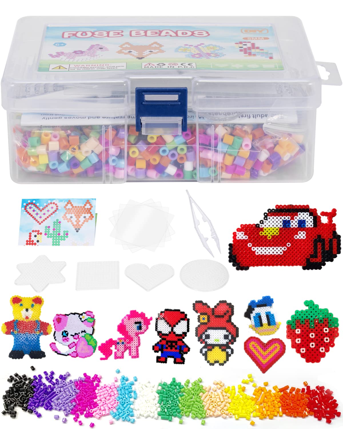Noa Home Deco Ironing Beads Set in Organiser Box, 3000 Colourful Midi Craft Beads with Diameter 5 mm and Large Pin Plates Set of 4 for in Solid Colours Mix, Creative Craft Fun for Young and Old