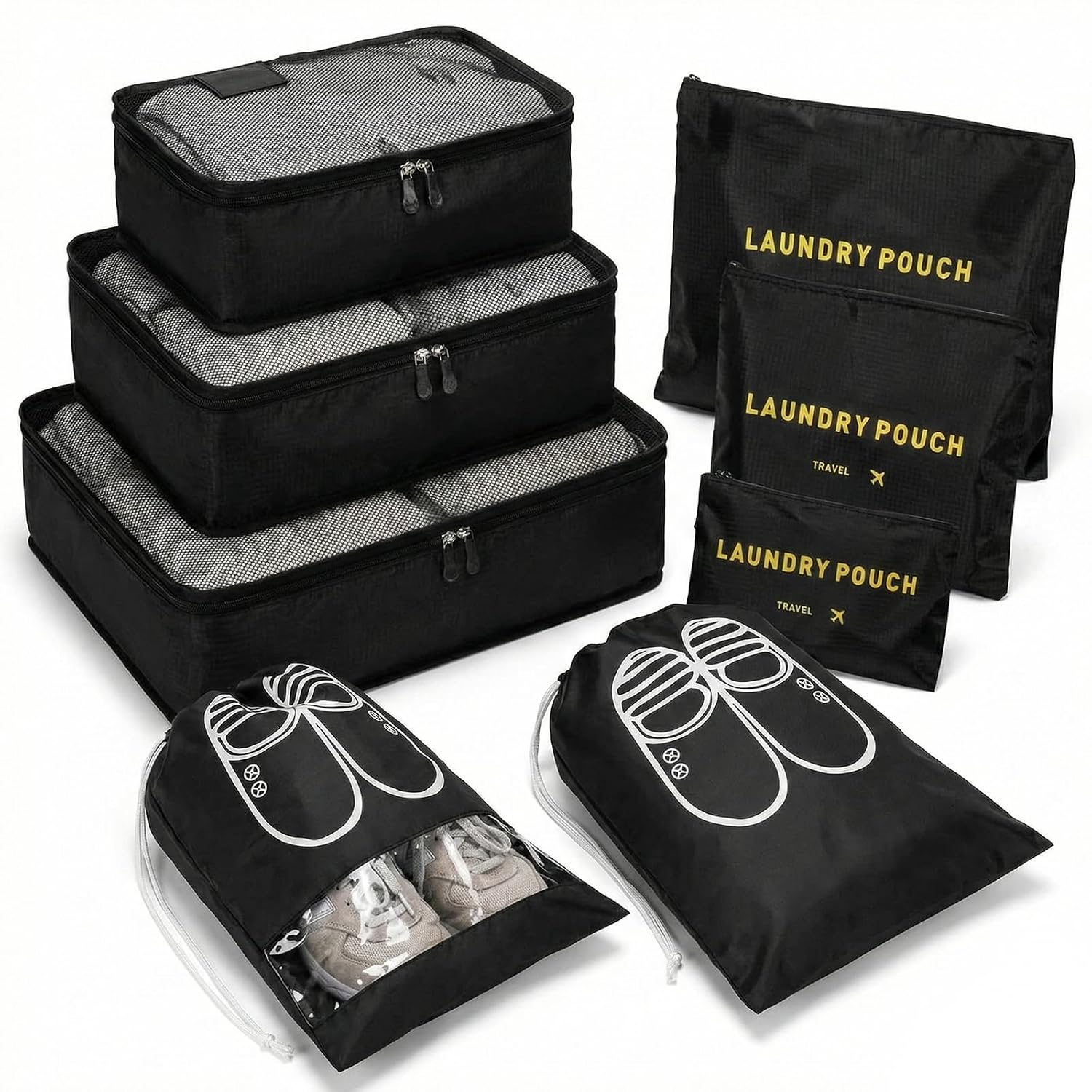 BillyBath 8-en-1 Set de Organiseurs de Bagage pour Voyage,Cubes Étanche Sacs de Voyage Rangement,Organisateur Valise Sacoches Bagages,Pour Vêtements Chaussures Sous-vêtements Cosmétiques (Noir)