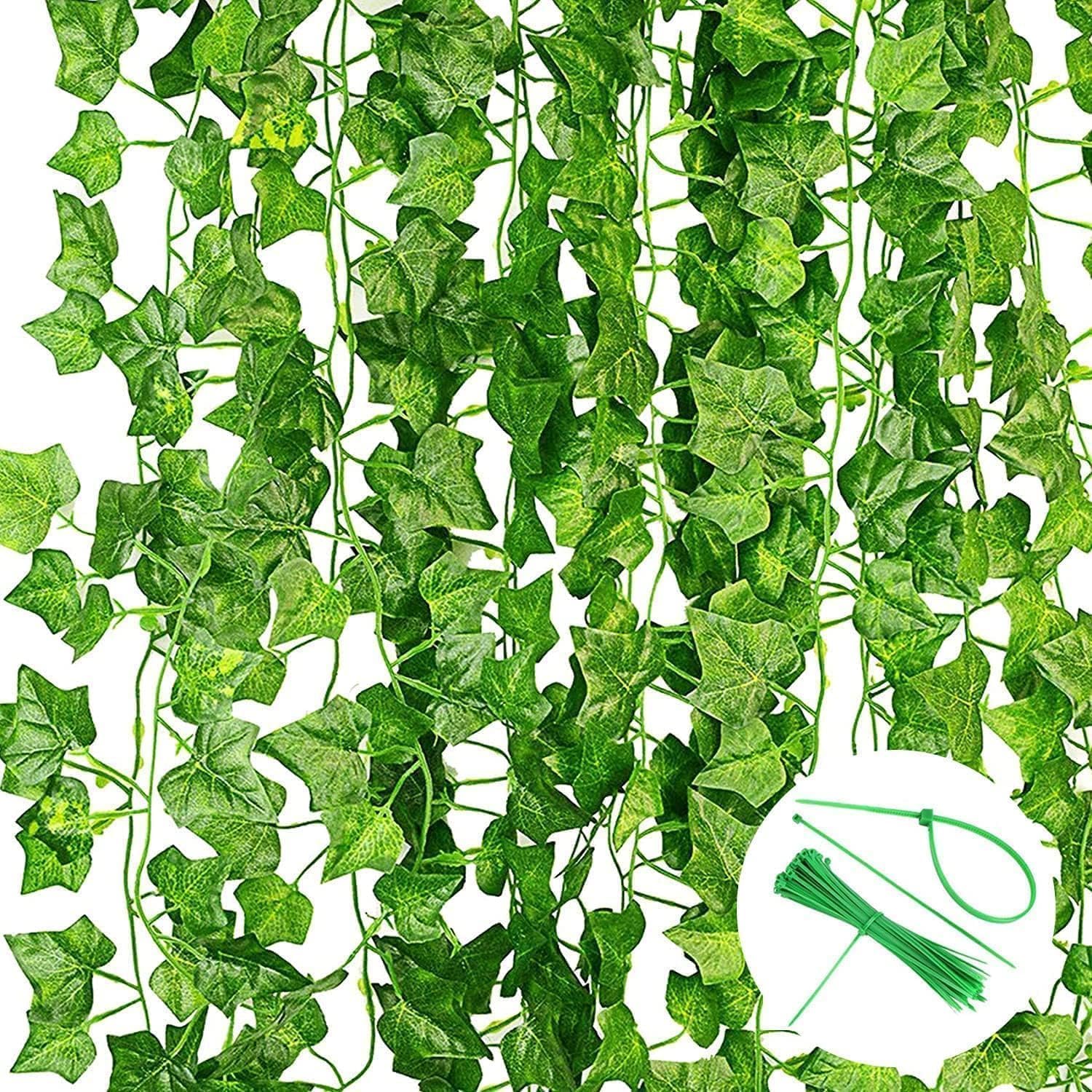 Noa Home Deco Ivy Artificial Garland Pack of 24 Green Fake Ivy Plants Ivy Vine for Garden Wedding Party Wall Decoration (2.2 m, 30 m Cable Ties with Cutter)