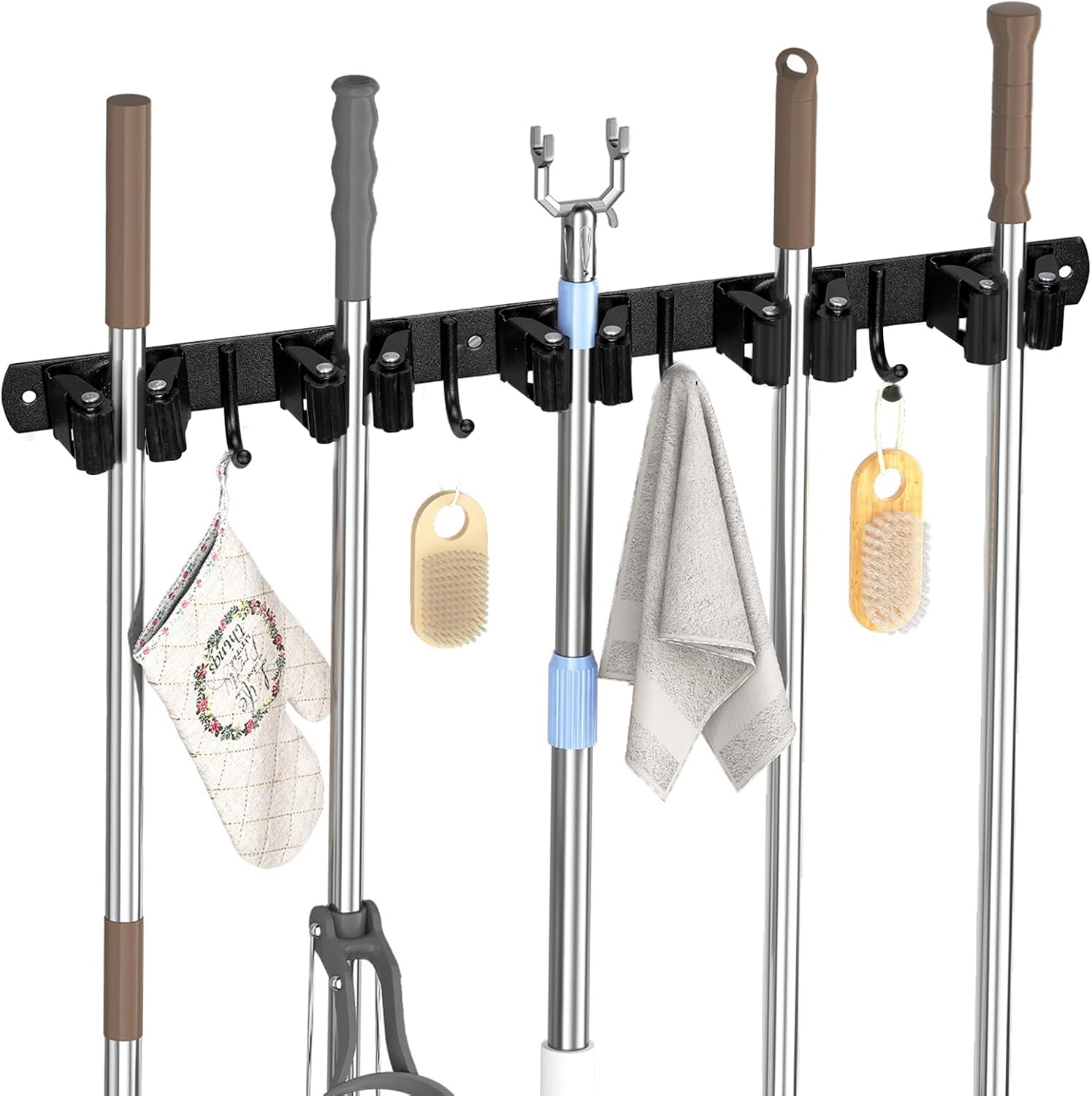 Carehabi 5 Broom Holders with 4 Hooks Wall Mount Broom Mop Holder No Drilling or Drilling Self-Adhesive Tool Holder Organiser for Garage Garden Storage Room Kitchen Bathroom
