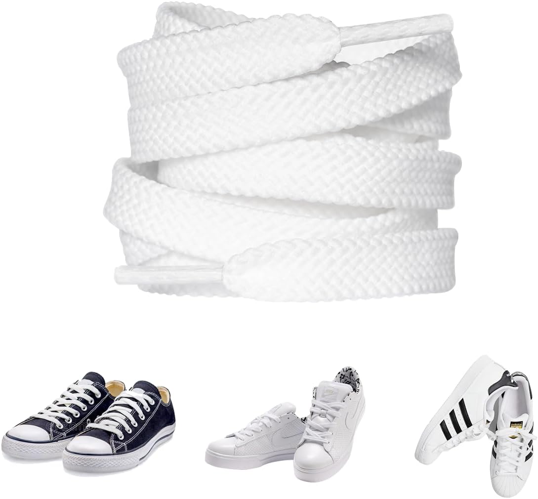 Carehabi 2 Pairs White Shoelaces Flat 8 mm Wide Tear-Resistant Polyester Shoe Laces Lengths 140/120 cm for Trainers Sports Shoes Hiking Shoes Running Shoes Trainers, White, 140