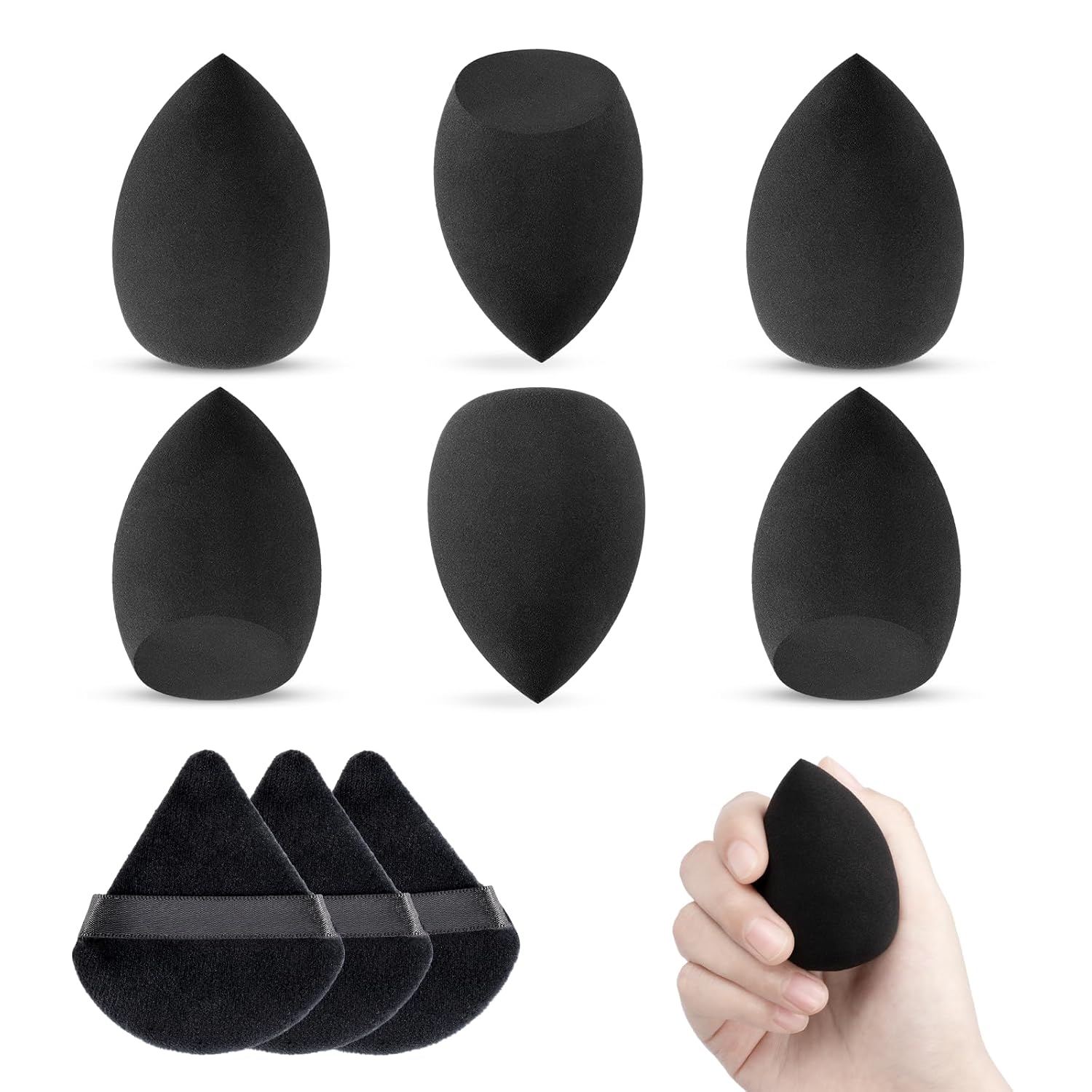 Make Up Sponge Set with Powder Puff Triangle, 6 Pieces Makeup Sponges Beauty Sponge Black for Blending Liquid Foundation Powder, Reusable Soft Powder Puff