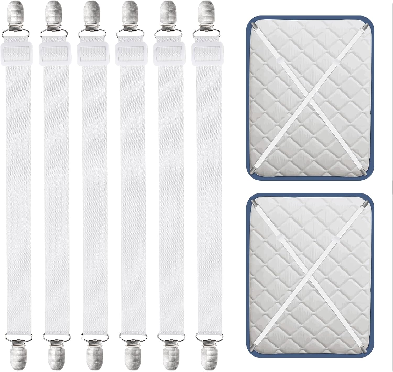 Carehabi Zaciski do prześcieradła, 55 – 250 cm, regulowane napinacze prześcieradła, 6 sztuk, białe, elastyczne napinacze prześcieradła, materaca, deski do prasowania lub sofy