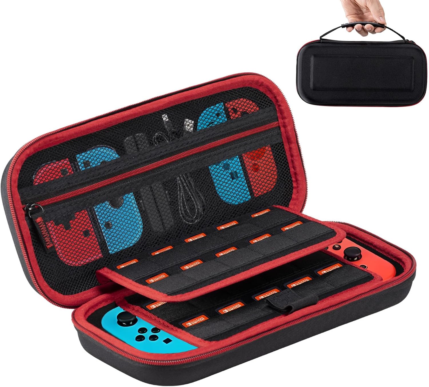 Carehabi Funda Compatible con Nintendo Switch y New Switch OLED, Funda Dura OLED con Almacenamiento para 19 Cassettes, Color Negro, Negro , Organizador de Bolsillo