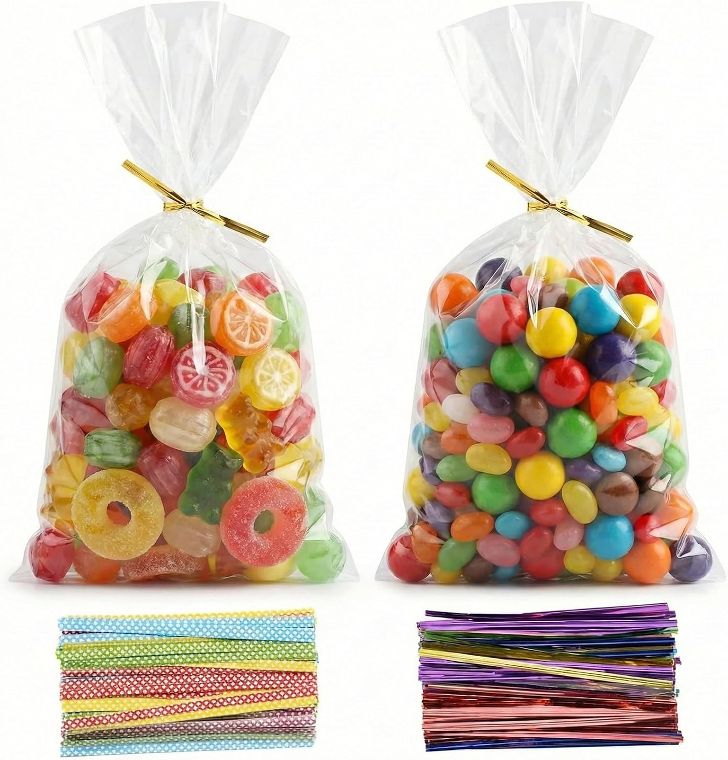Lot de 200 sacs en cellophane - 25 x 13 cm - Sachets transparents à remplir - Avec 200 rubans métalliques - Pour bonbons, biscuits, pain, fruits, etc. Parfait pour les fêtes cadeaux