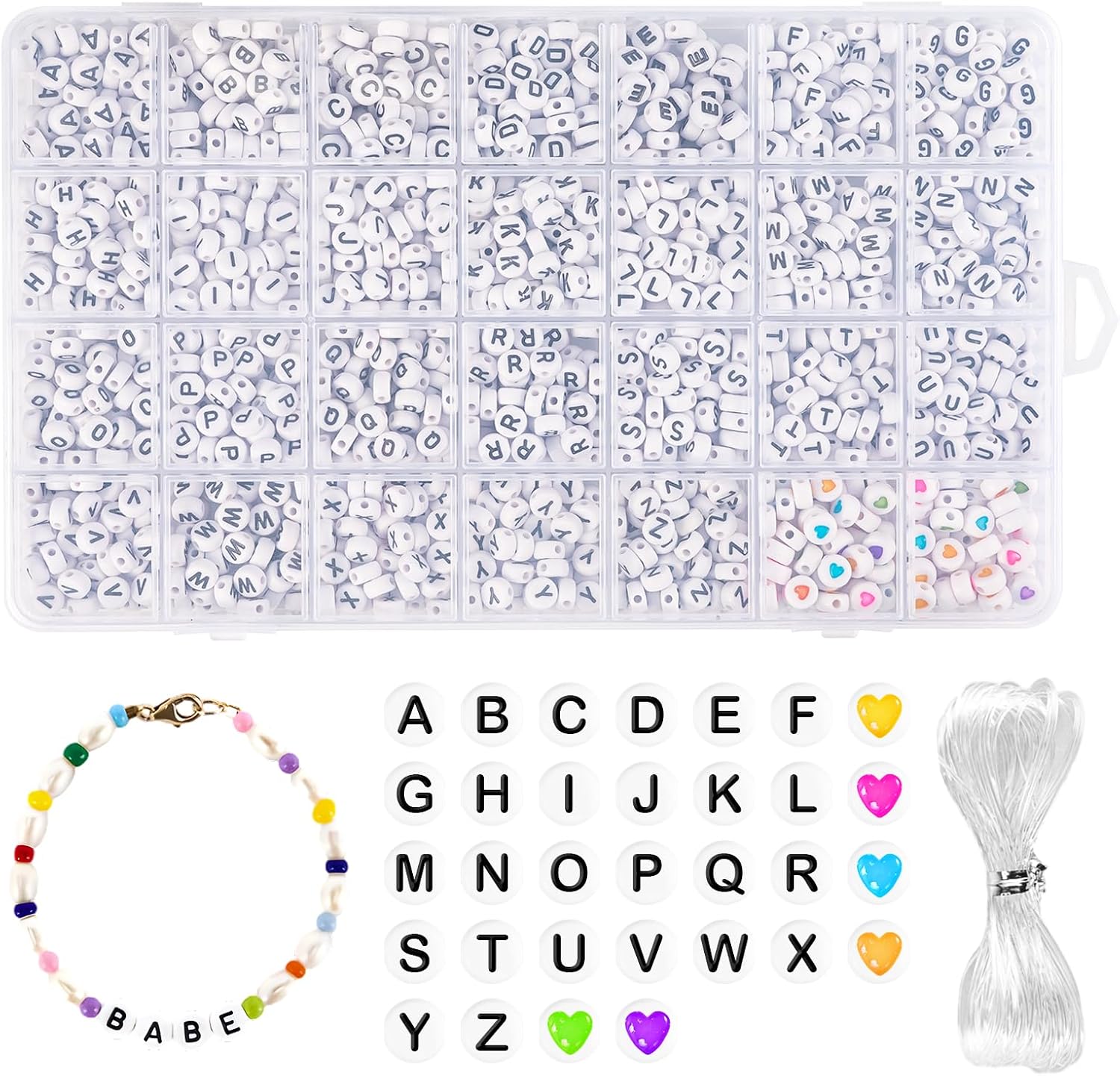 1400+ stuks letterkralenset, letters voor armbanden, letterkralen, zwart, wit, kleurrijke hartkralenset met 5 m elastiek voor kinderen, armband, vriendschapsarmbanden, haarband, sieraden, knutselen