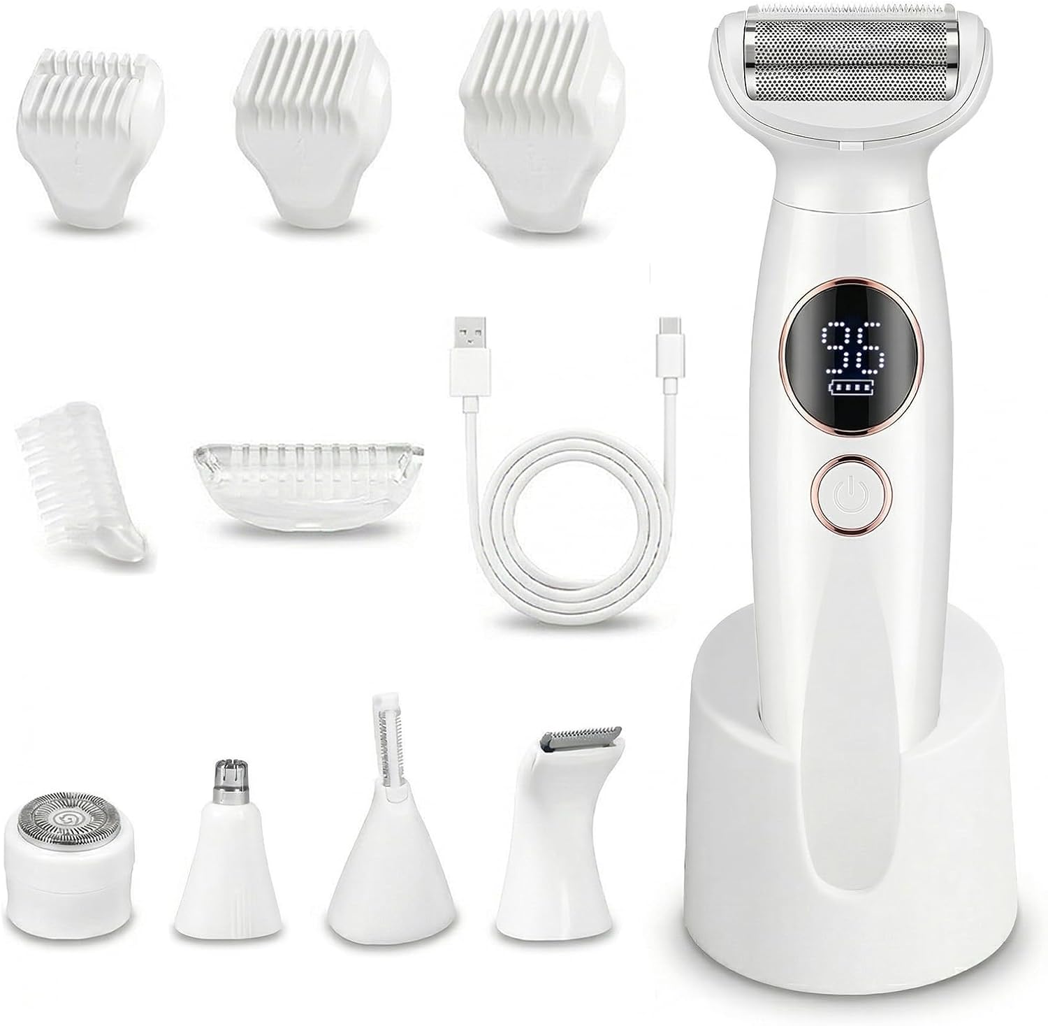 Carehabi 5-in-1 intiem scheerapparaat voor vrouwen, elektrisch scheerapparaat voor dames, intieme zone, IPX7, waterdicht, met USB-laadstation, trimmer voor gezicht, wenkbrauwen, lichaam, bikinizone
