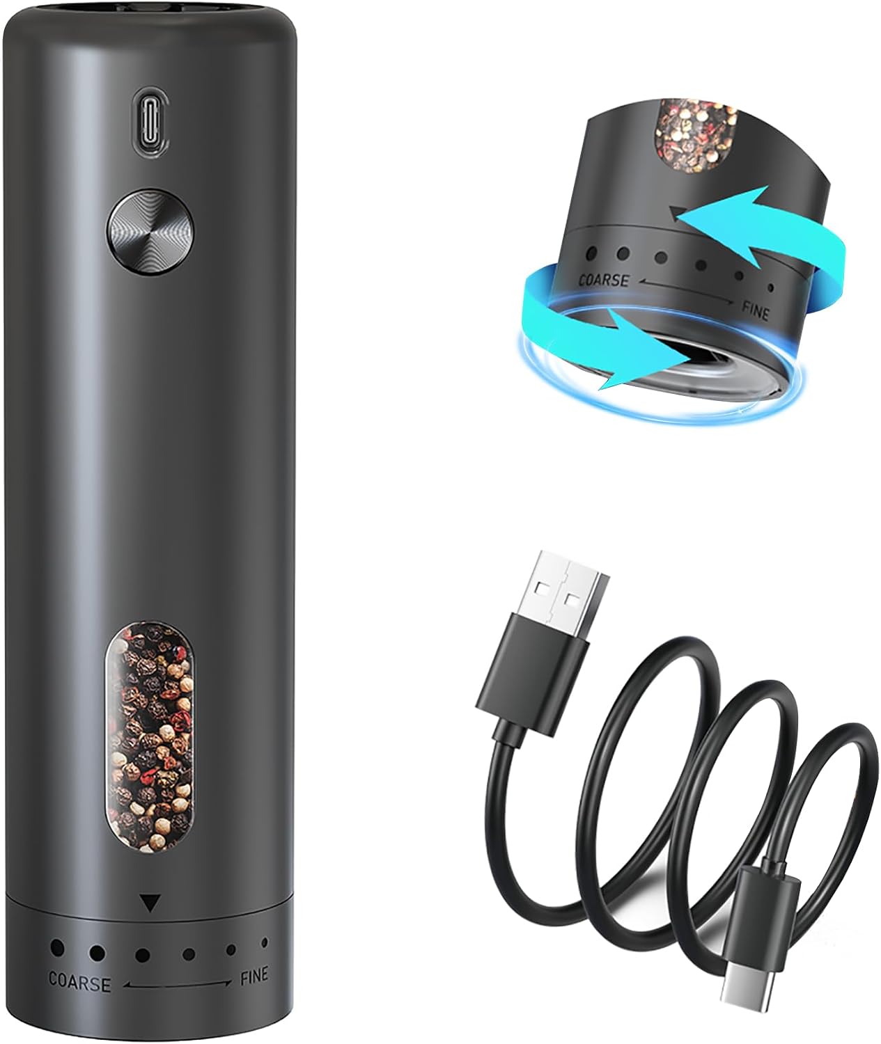 BillyBath Elektrische peper- en pepermolen, 110 ml, 5 standen, externe tandwielinstelling met borstel en kijkvenster