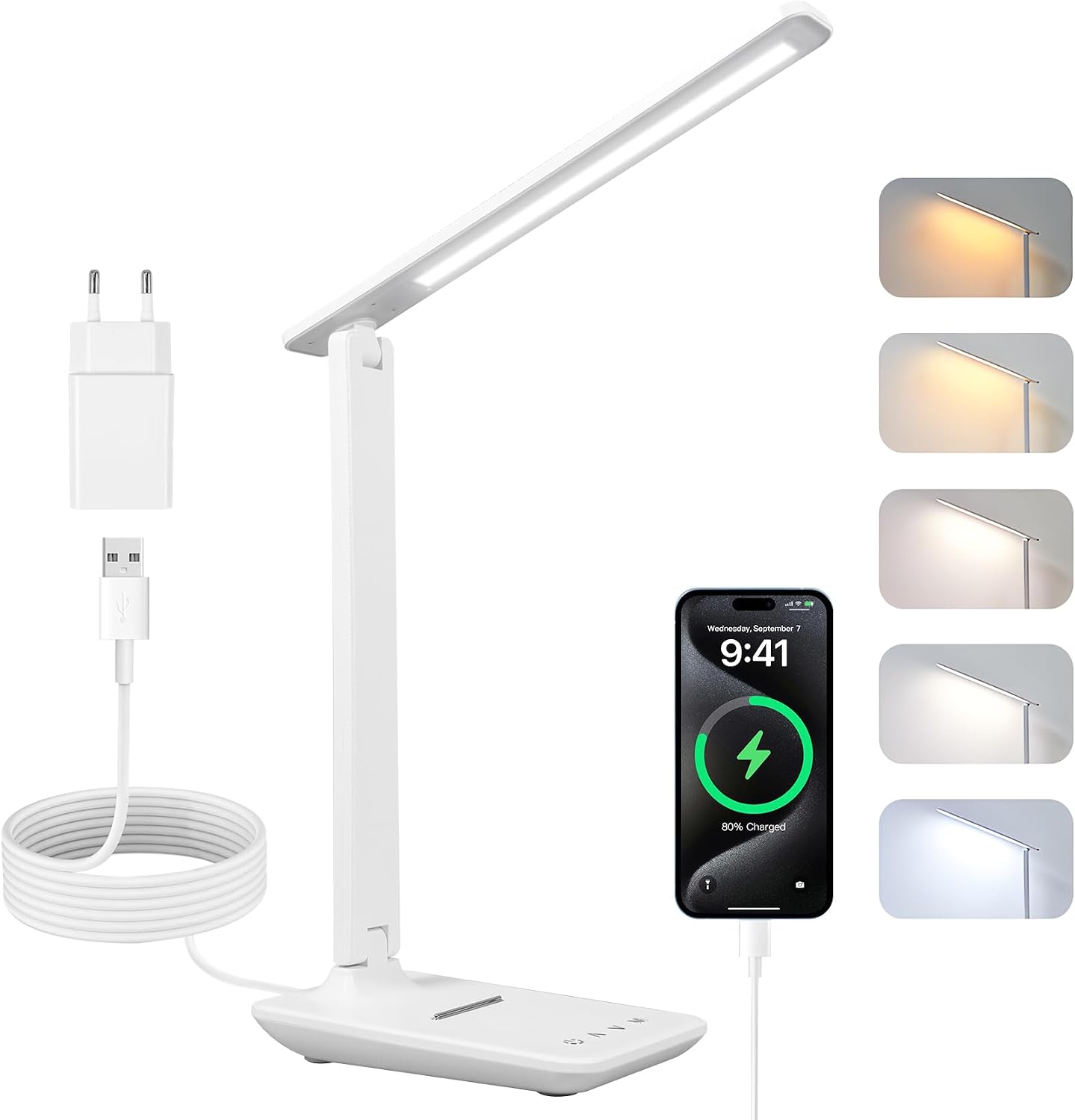 Carehabi Lampada da scrivania a LED, dimmerabile, lampada da tavolo a LED con 5 colori e 5 livelli di luminosità, lampada da lettura con porta di ricarica USB, controllo touch per bambini, camera da