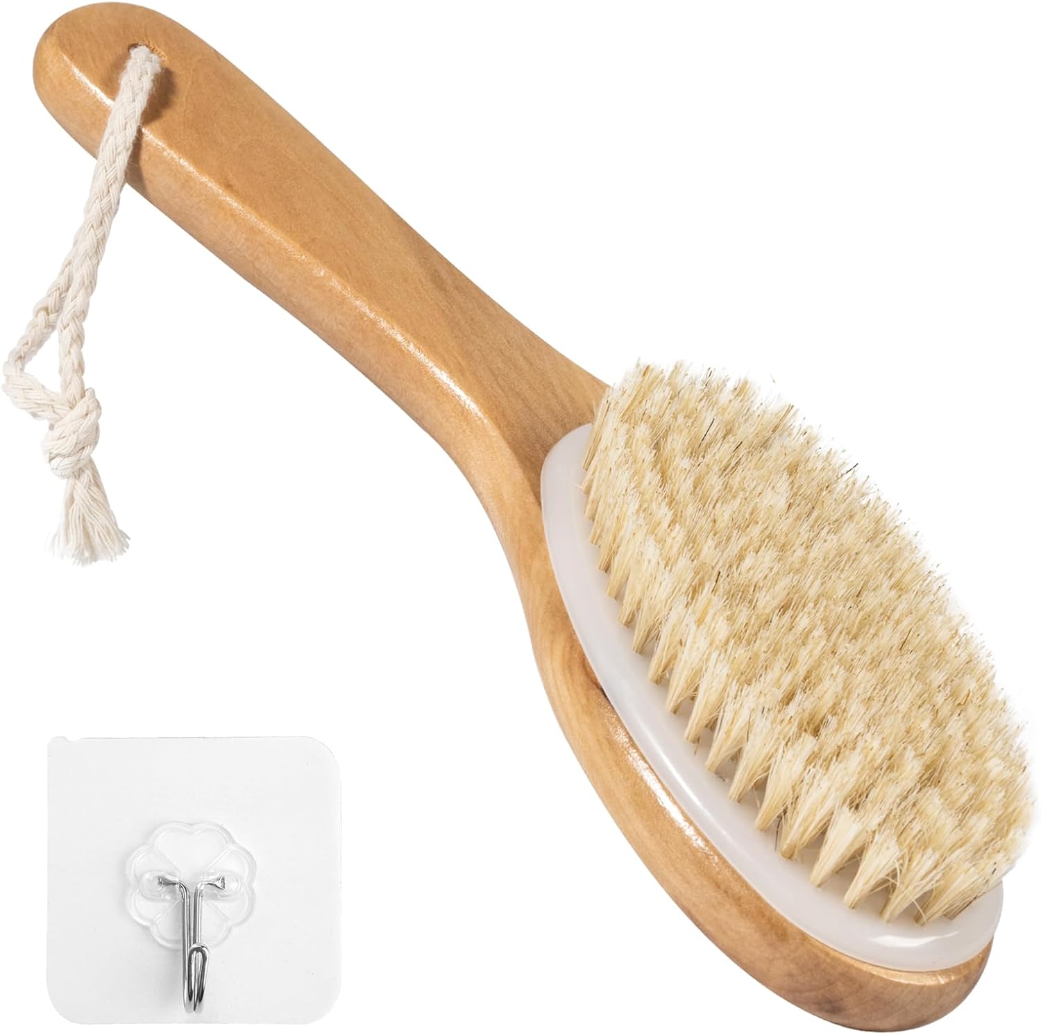 Spazzola corpo a secco setole naturali, spazzola da massaggio, dry brushing con manico curvo per la pulizia, l'esfoliazione e il miglioramento della circolazione sanguigna