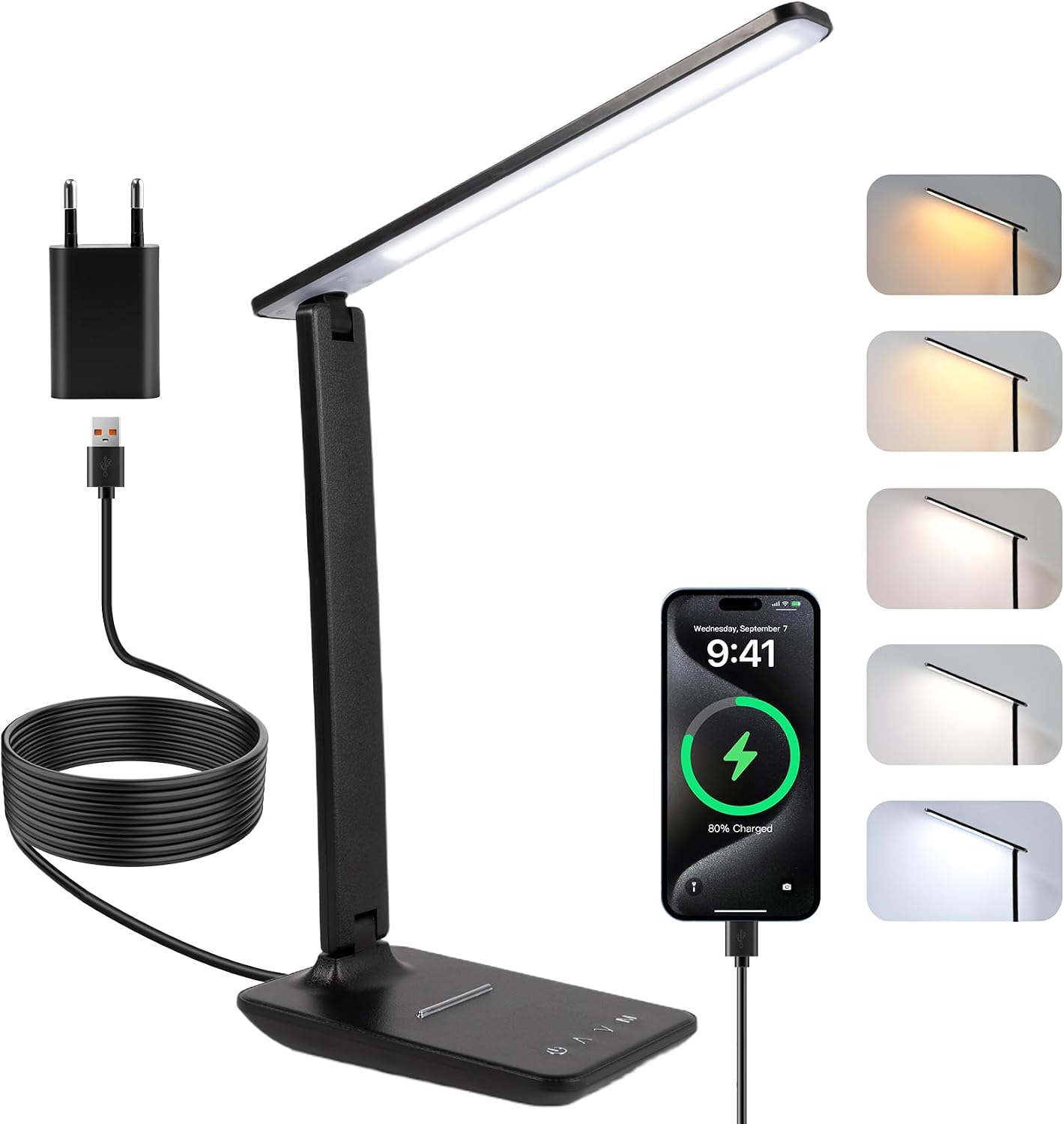 Carehabi Potente lámpara de escritorio - 5 modos de color y 5 niveles de brillo - Rotación en 3 ejes - Protección ocular - Lámpara de lectura con puerto USB y función de memoria,Negro