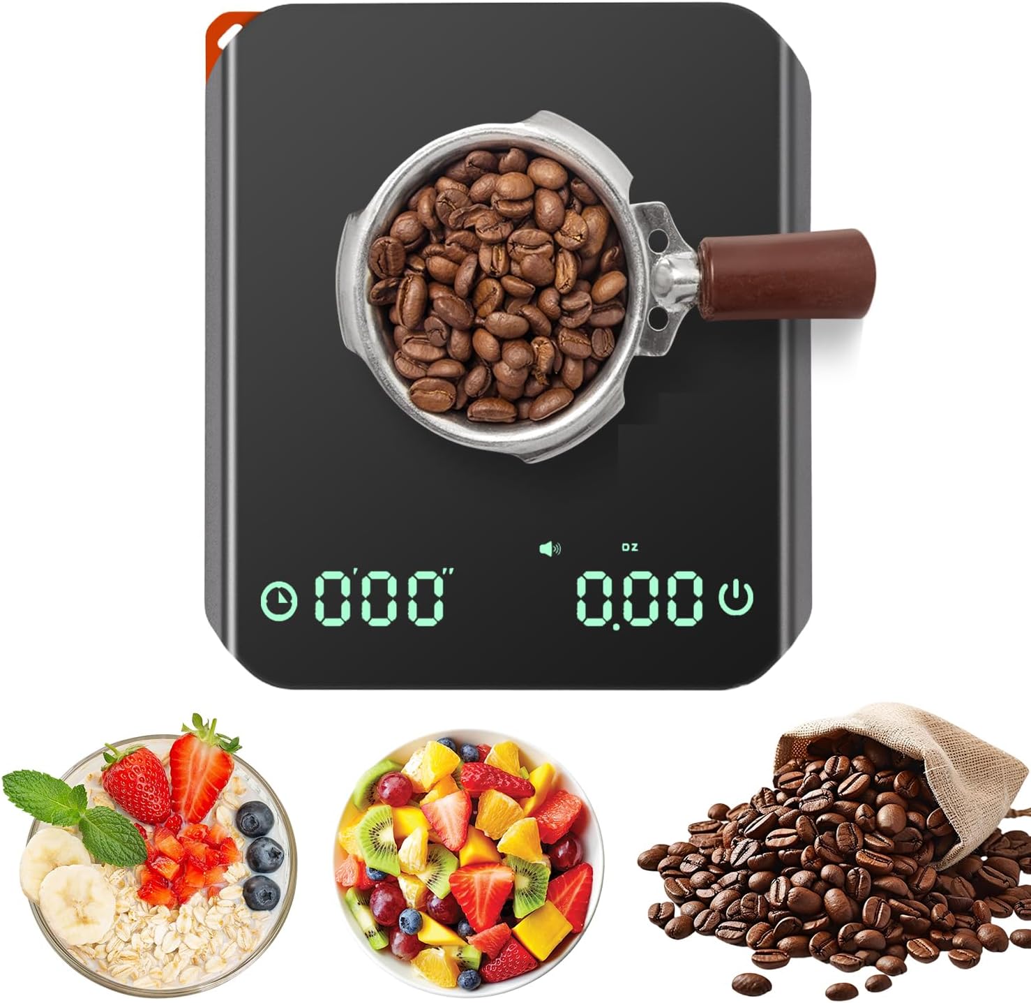 Carehabi Digitale keukenweegschaal met timer, 0,1 g, zeer nauwkeurige espressoweegschaal, 2 kg, mini-koffieweegschaal met siliconen warmtekussen, oplaadbare weegschaal, keukenweegschaal