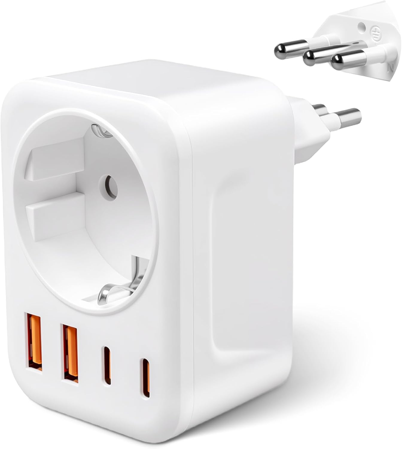 Italiensk kontaktadapter med 1 AC-kontakt, 2 USB-A-portar och 2 USB-C-portar (3,4 A) reseadapter L-typ FR till IT för Uruguay, Chile, Etiopien, Italien, Libyen, Syrien och