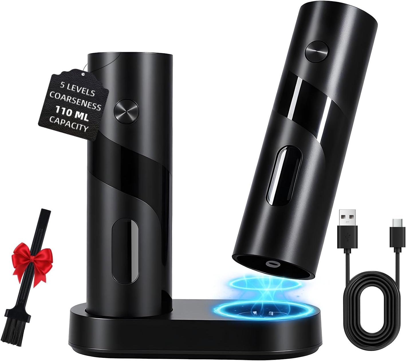 Electric Salt and Pepper Grinder Set Set with Charging Station, 110 ml Capacity, Rechargeable Salt Mill with 5 Settings, Ceramic Mill with Brush