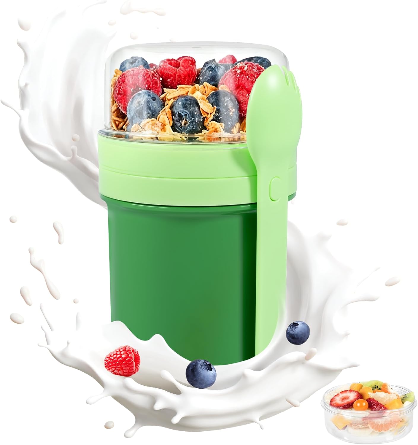 Muesli Takeaway Cup, 450ml + 250ml, Yogurt Holder, Leakproof Cereal Vessel with Spoon and Sauce Container, BPA Free Breakfast Storage