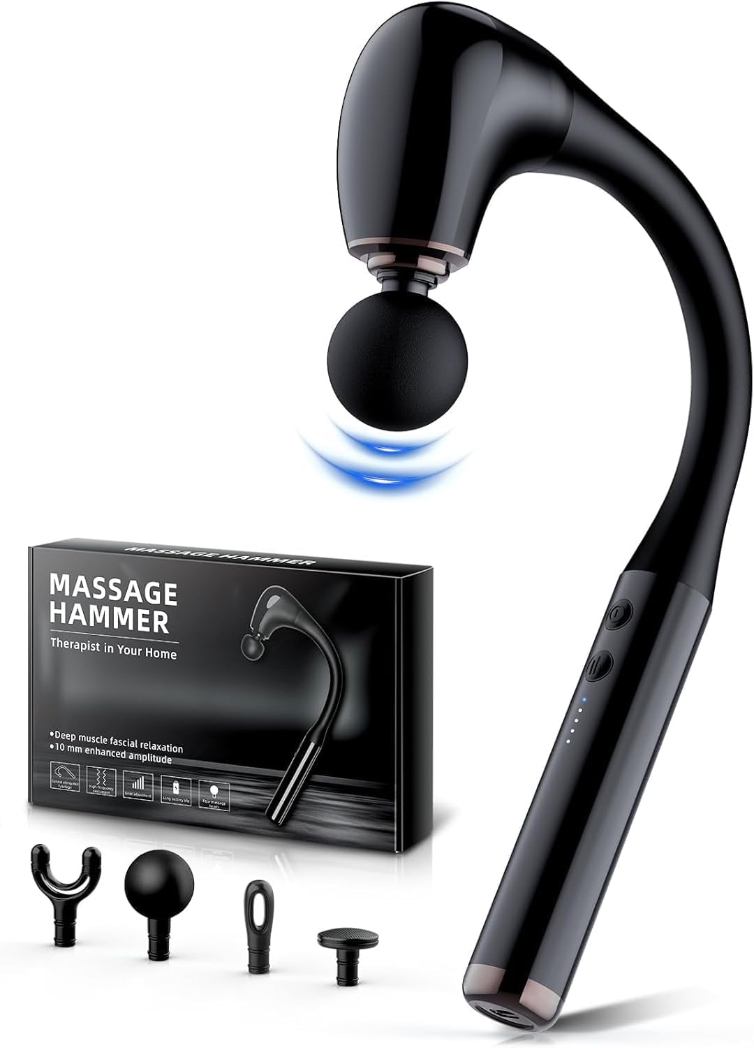 Pistola de masaje con mango extensible mejorado, pistola de masaje profundo de 10 mm, 5 niveles de velocidad, masajeador de espalda con 4 cabezales, masajeador portátil para músculos/cuello/hombros/ci