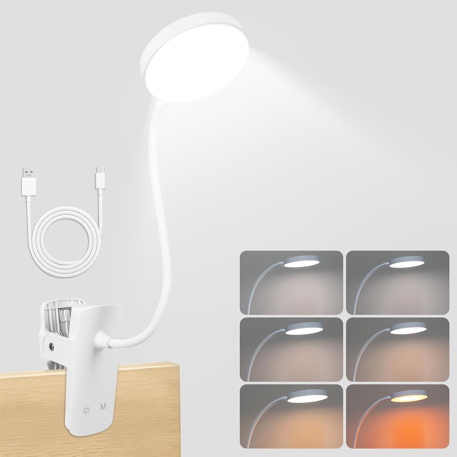 Lámpara de lectura para cama, lámpara LED de lectura, luz con pinza, luz con 6 colores y 5 niveles de brillo, flexible 360° con brazo articulado, CRI 80, lámpara ideal para la cama, estudio y trabajo.