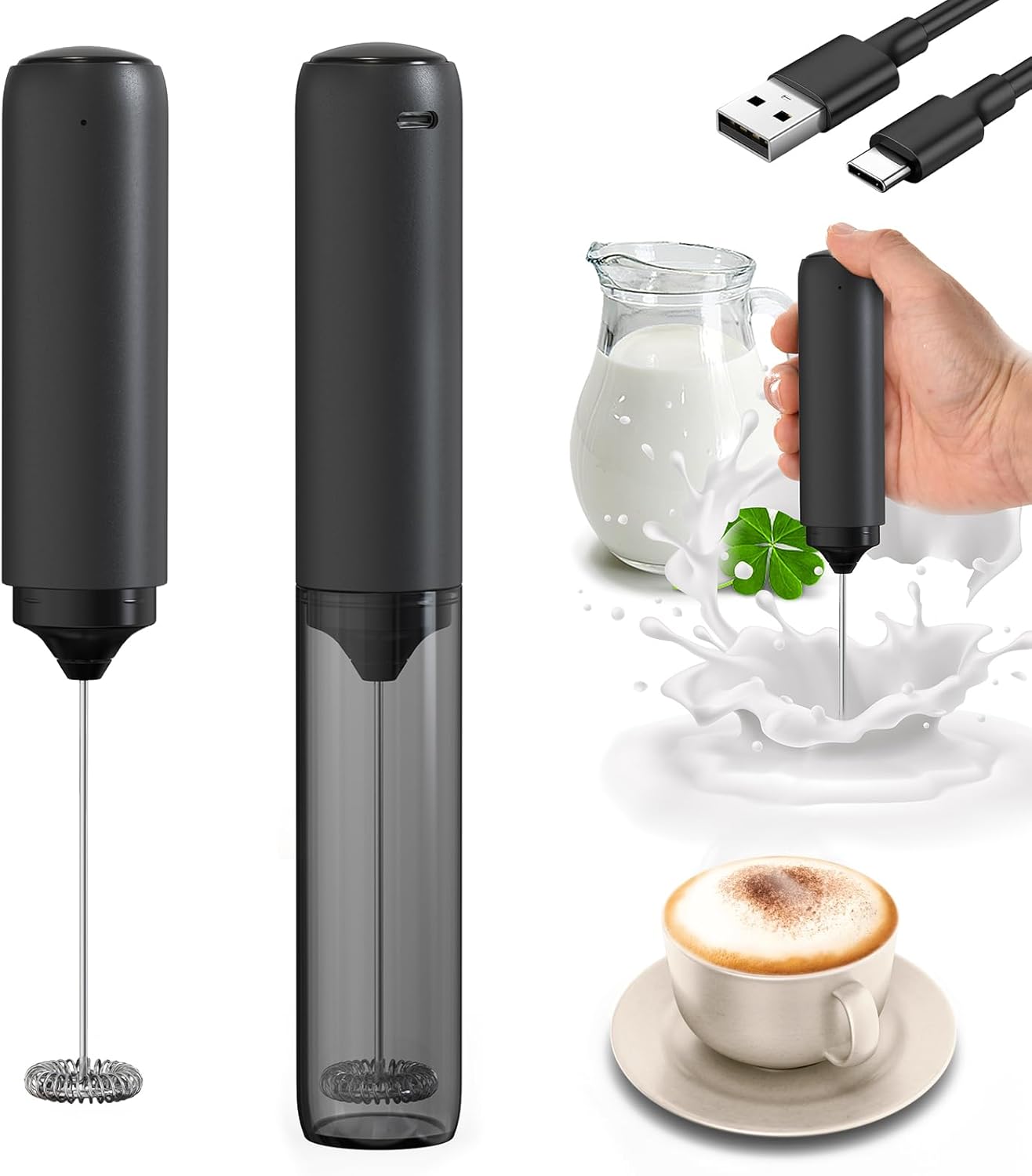 Portable Rechargeable Milk Frother Whisk, Electric Milk Frother with Storage Tube, 14,000RPM Portable Manual Blender for Matcha Latte, Cappuccino, Kitchen Gifts