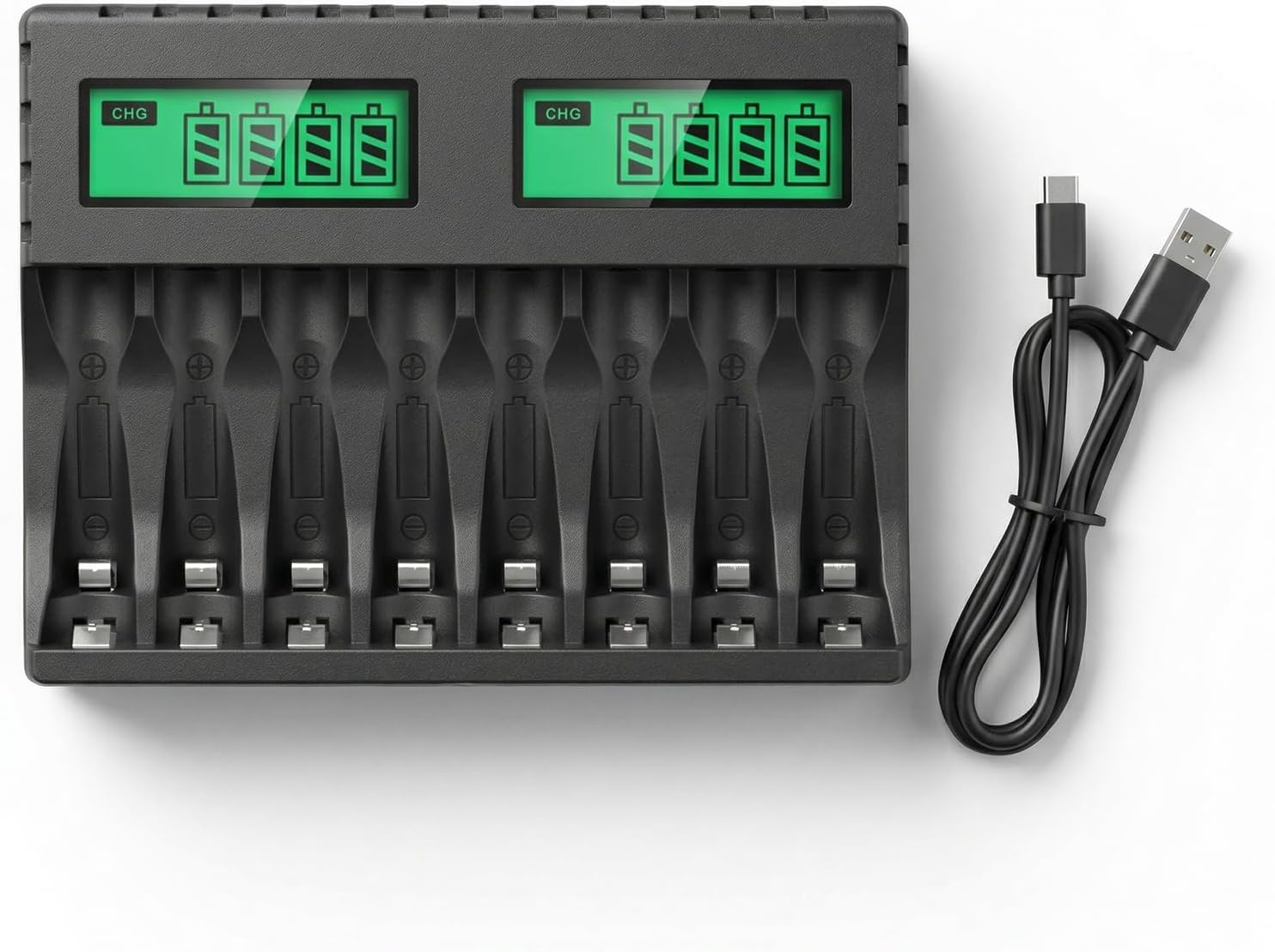 Carehabi Battery Charger AA AAA 8 Slots, Battery Charger Universal with LCD Display for NI-MH Rechargeable Batteries, Quick Charger (USB-C) for 1.2 V Mignon and Micro Batteries