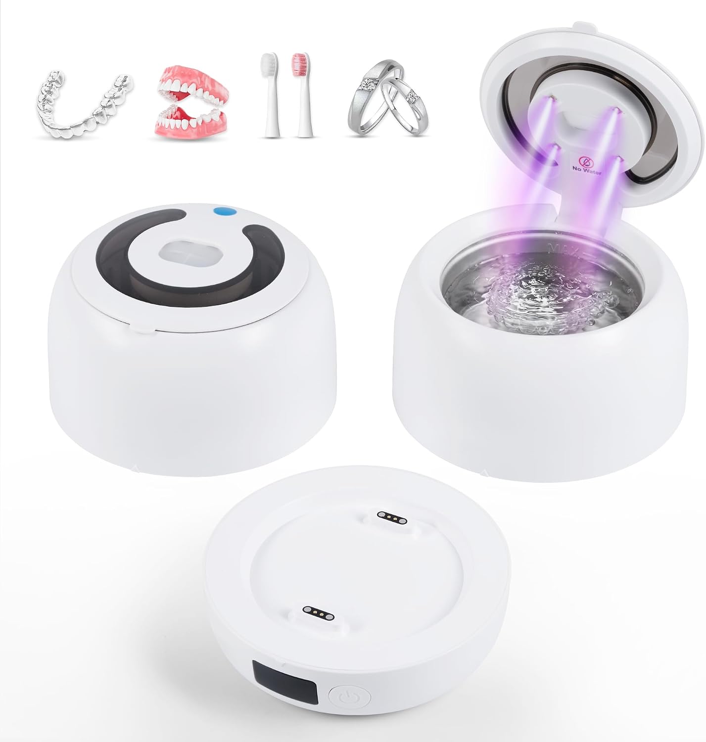 Carehabi Pulitore Ultrasuoni Apparecchio Denti 45kHz con 2 Serbatoi Separabili 200ml Lavaggio Ultrasuoni per Allineatori Dentiere Bite e Gioielli Bianco