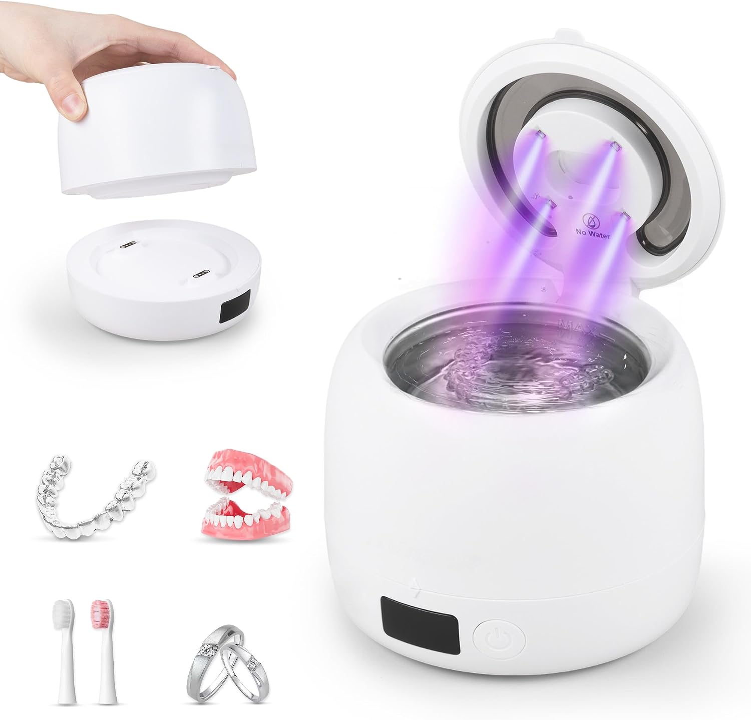 Carehabi Ultrasoon reinigingsapparaat, tandrail en prothesen, 45 kHz Dental Pod met uv-licht en afneembare tank van 200 ml, elektrische reiniger voor bijtspalken, retainers, beugels, sieraden