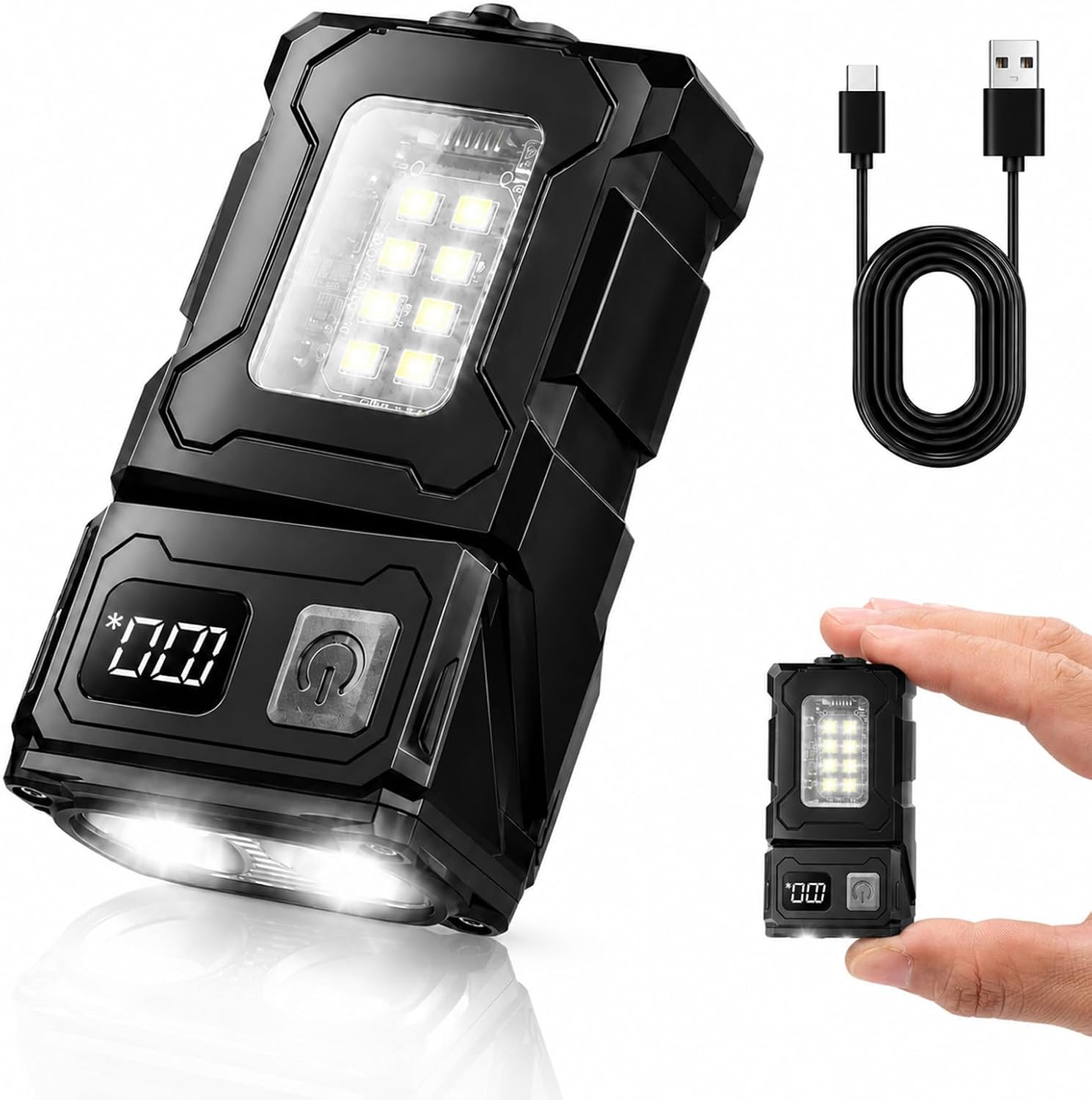 Carehabi Linterna LED Recargable, Linterna LED alta Potencia Recargable, Mini linterna con flash rojo y azul, 7 Modos, Con Pantalla LCD, Iman, 180° Giratoria, para Emergencia Camping Regalo