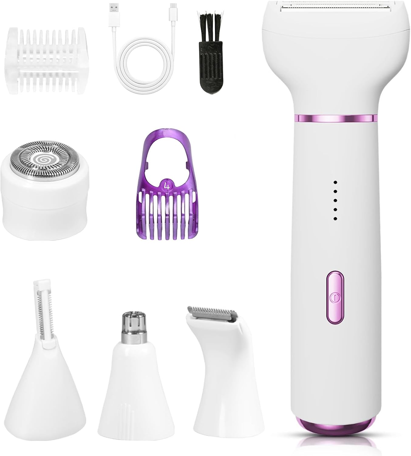 Afeitadora Mujer 5 en 1, Rasuradora Mujer zona Intima, 2 Velocidades Removedor Vello Facial, Recortador Nariz & Cejas, Seco & Húmedo Depiladora para Bikini, Cara, Nariz/Orejas Recargable USB