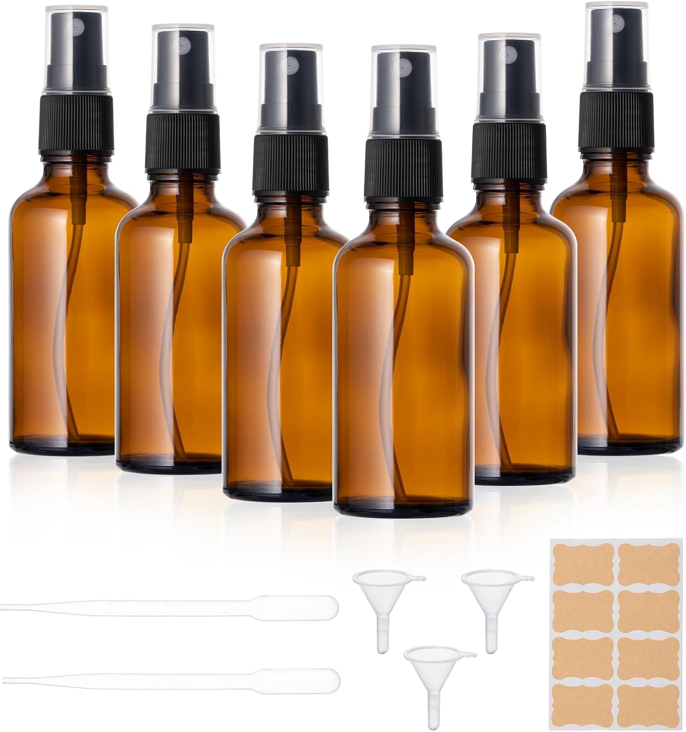 Carehabi 6 Stück Sprühflasche Glas Leer, 50ml Kleine Braunglas Sprühflaschen zum Befüllen mit Trichter Pipetten und Etiketten Für ätherische Öle, Parfüm